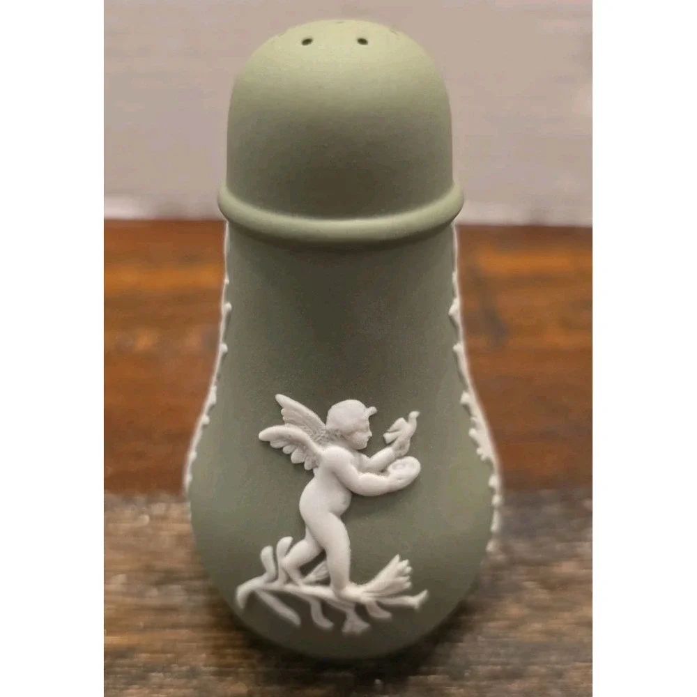 Vintage Wedgwood Jasperware Sage Green Salt & Pepper Shaker Set Cherub England